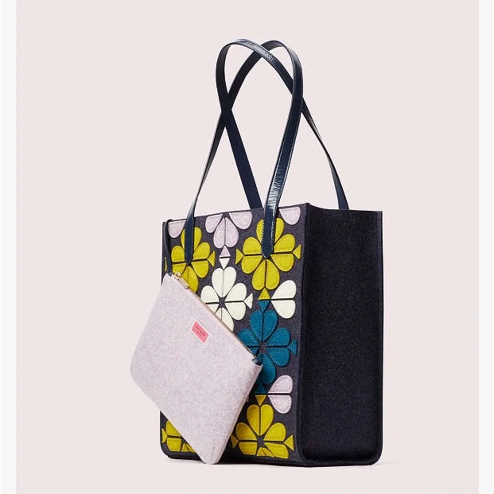 KATE SPADE Blue Purple Kitt North South Floral Felt Tote Bag & Matching Pouch